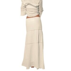 Claudio Milano Boho Linen Maxi Skirt Tiered Lace Drawstring S/M, retail $229